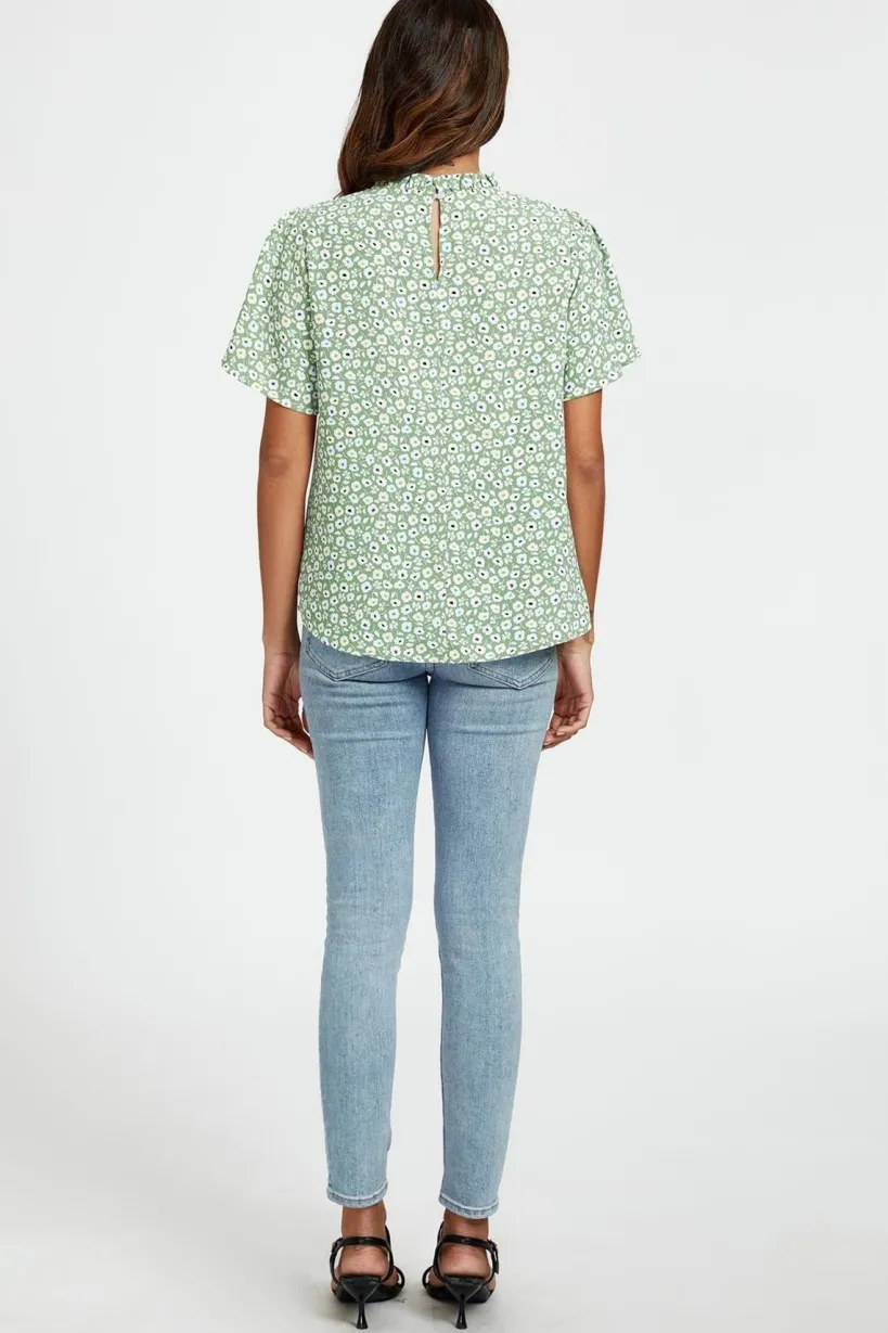 Little Floral Print Angle Sleeve High Neck Top Blouse In Green by FS Collection