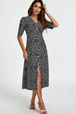 Little Floral Print Button Front Midi Dress In Black by FS Collection