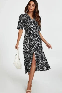 Little Floral Print Button Front Midi Dress In Black by FS Collection