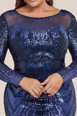 Long Sleeve Aztec Sequin Maxi Dress - Navy by Goddiva Plus