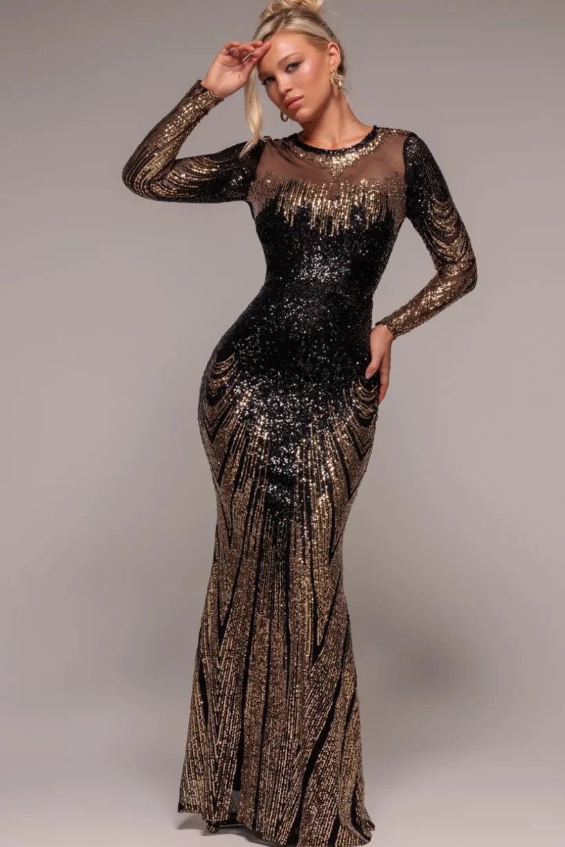 Long Sleeve Aztec Sequin Maxi Dress - Gold by Goddiva