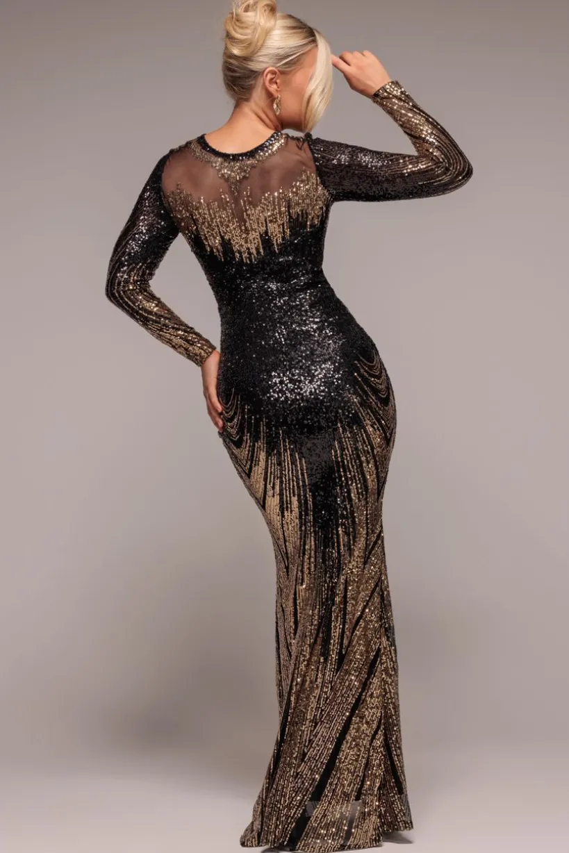 Long Sleeve Aztec Sequin Maxi Dress - Gold by Goddiva