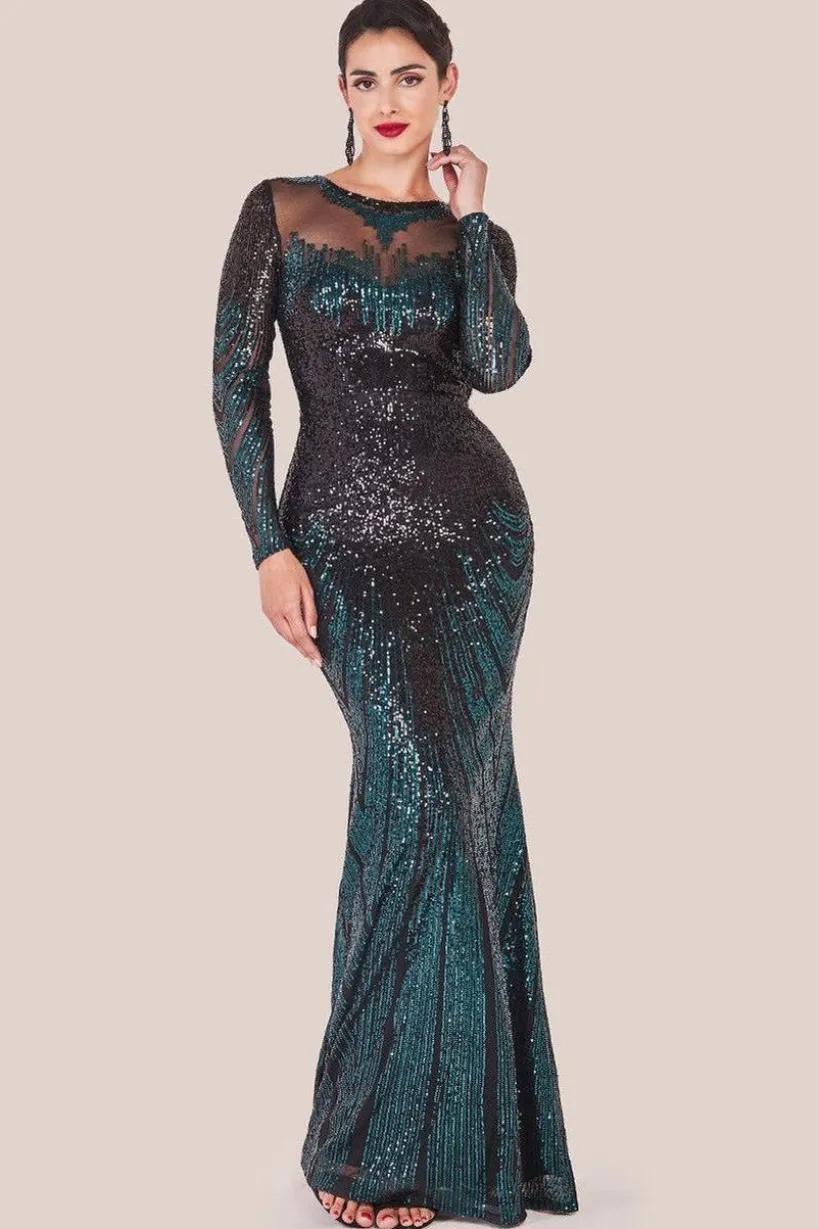 Long Sleeve Aztec Sequin Maxi Dress - Emerald Green by Goddiva