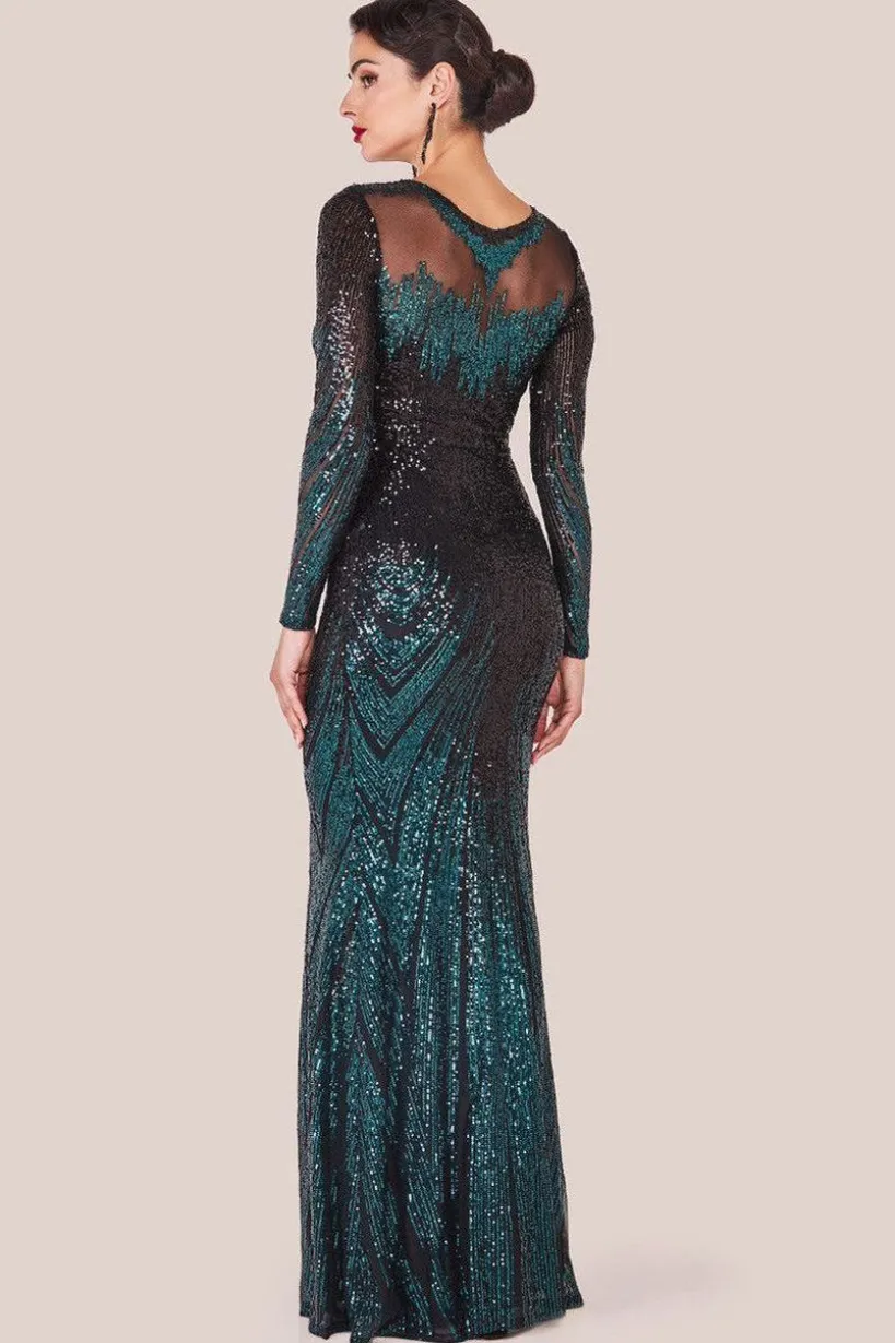 Long Sleeve Aztec Sequin Maxi Dress - Emerald Green by Goddiva