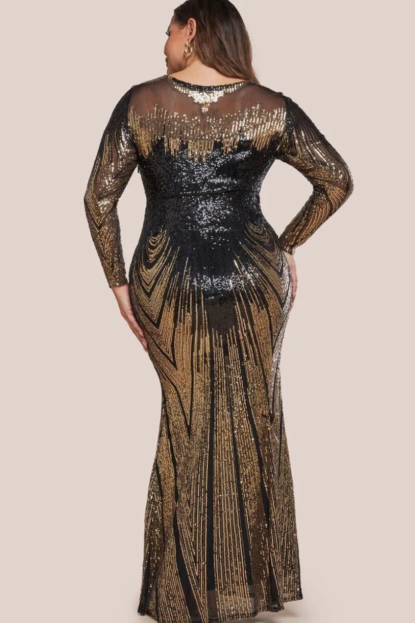 Long Sleeve Aztec Sequin Maxi Dress - Gold by Goddiva Plus