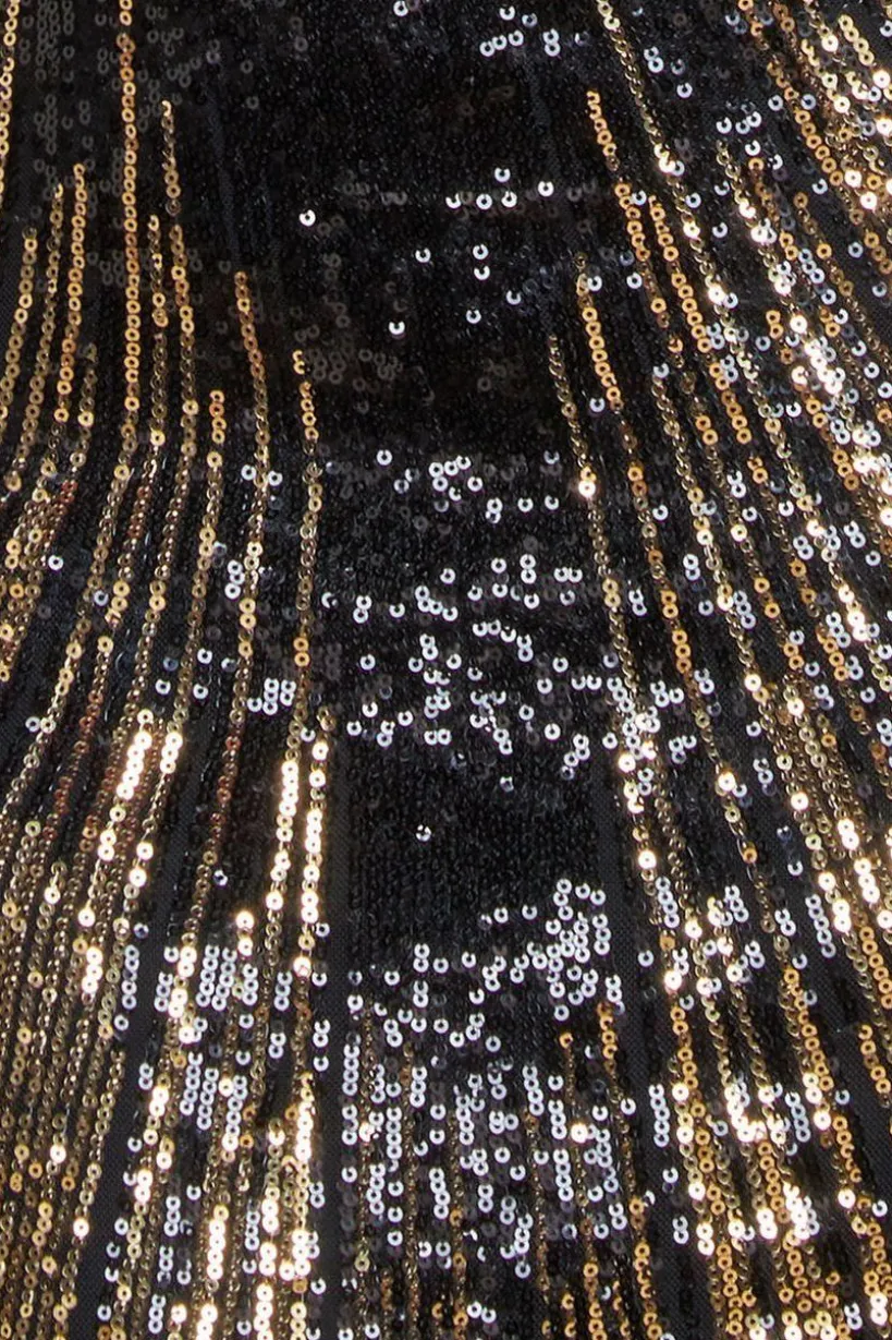 Long Sleeve Aztec Sequin Maxi Dress - Gold by Goddiva Plus