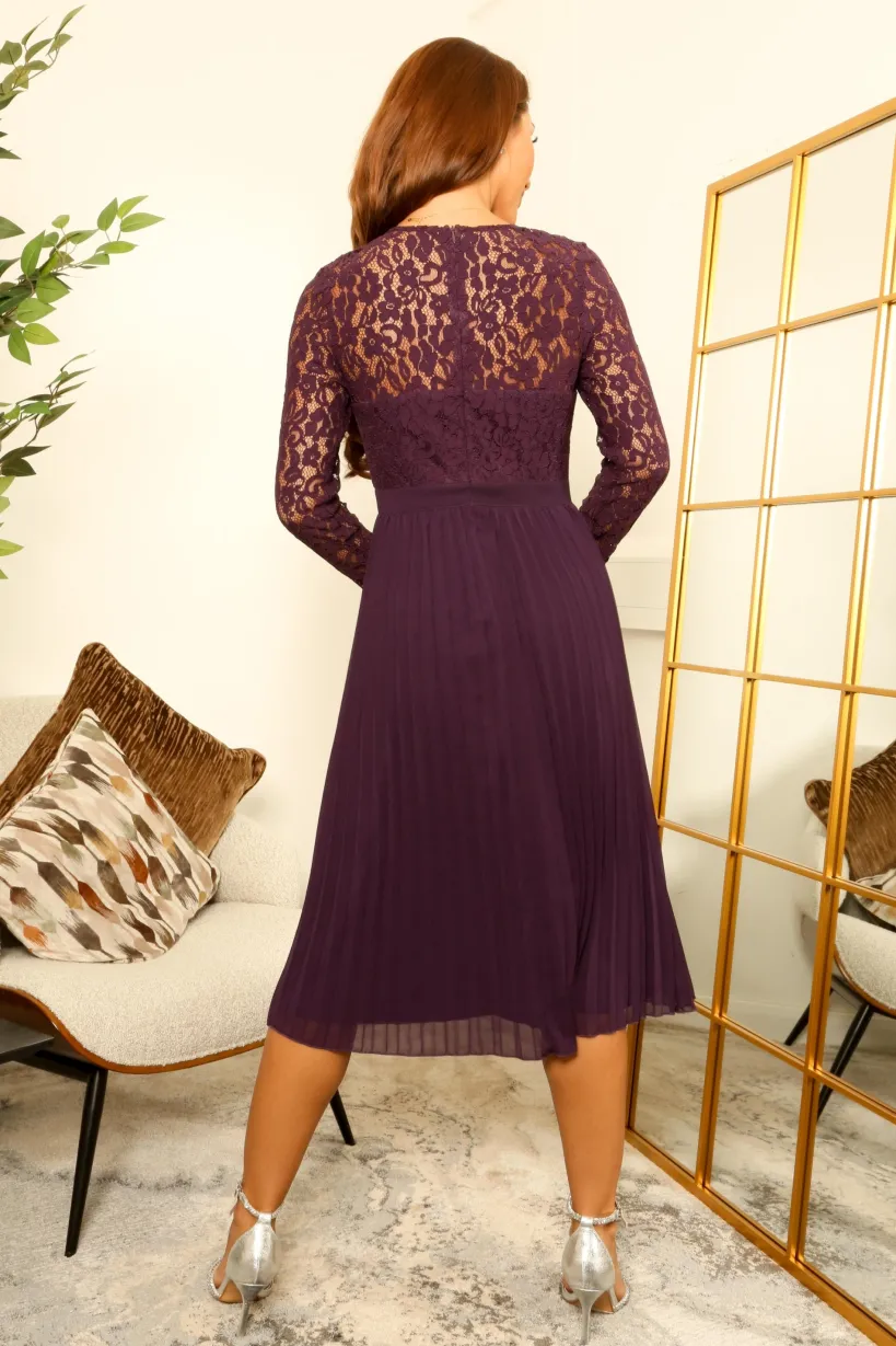 Long Sleeve Lace Pleated Dress by Double Second
