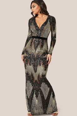 Long Sleeve Sequin Evening Maxi Dress - Black by Goddiva