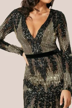 Long Sleeve Sequin Evening Maxi Dress - Black by Goddiva