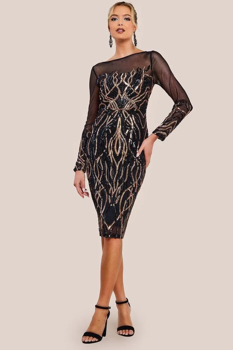 Long Sleeve Sequin Flame Midi Dress - Black by Goddiva