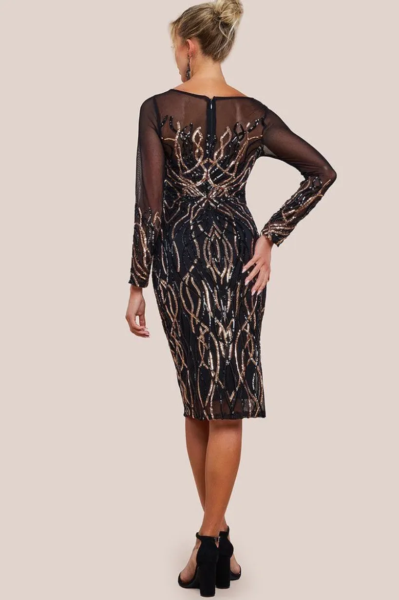Long Sleeve Sequin Flame Midi Dress - Black by Goddiva