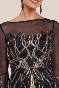 Long Sleeve Sequin Flame Midi Dress - Black by Goddiva