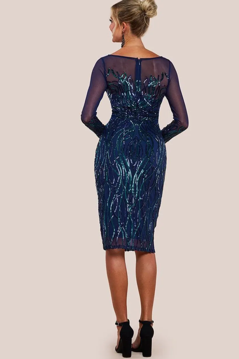 Long Sleeve Sequin Flame Midi Dress - Navy by Goddiva