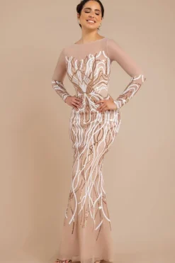 Long Sleeve Sequin Flame Maxi - Champagne by Goddiva