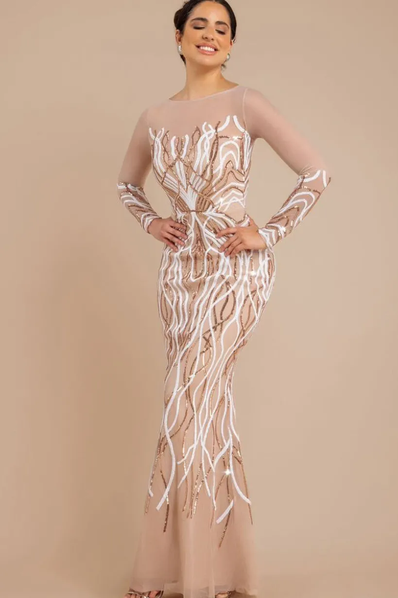 Long Sleeve Sequin Flame Maxi - Champagne by Goddiva