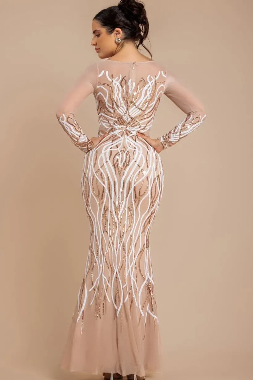 Long Sleeve Sequin Flame Maxi - Champagne by Goddiva