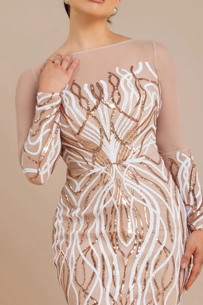 Long Sleeve Sequin Flame Maxi - Champagne by Goddiva
