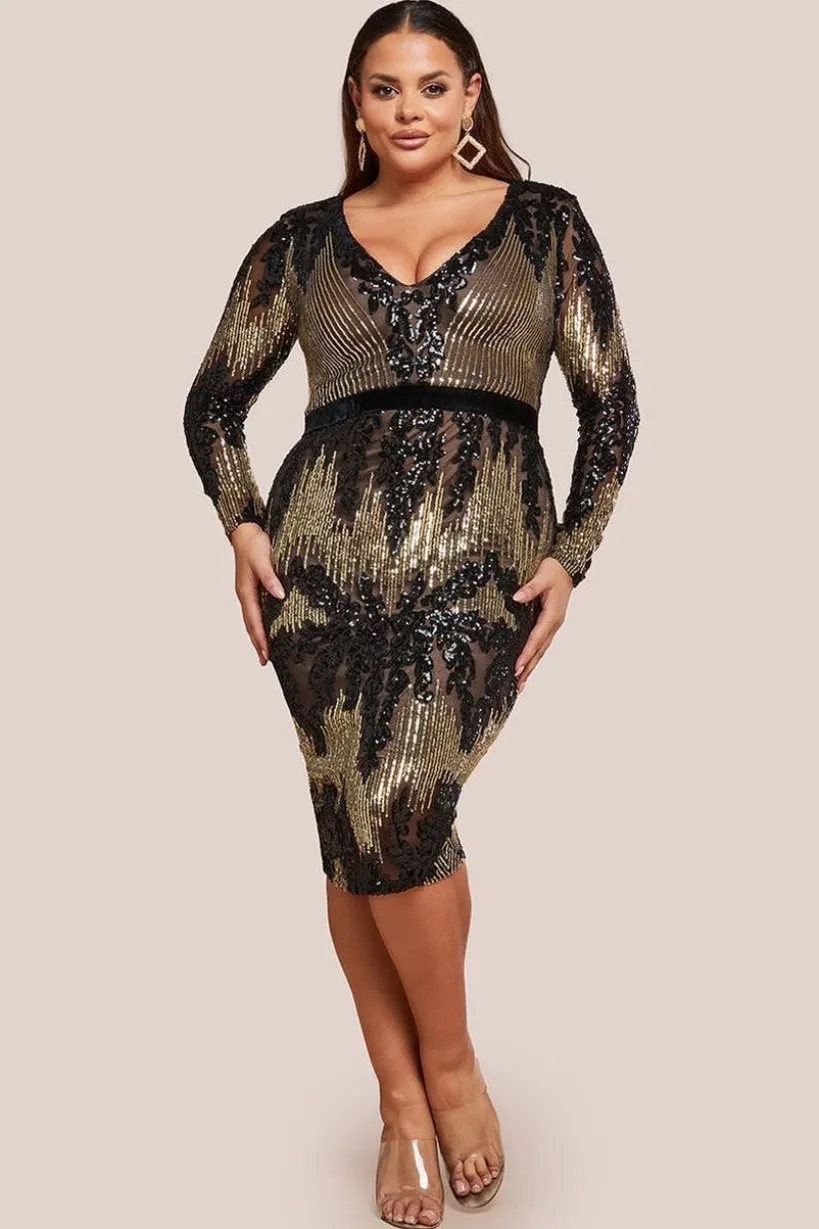 Long Sleeve Sequin Party Midi Dress - Black by Goddiva Plus