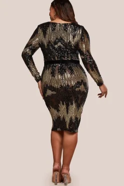 Long Sleeve Sequin Party Midi Dress - Black by Goddiva Plus