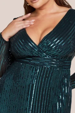 Long Sleeve Sequin V Wrap Maxi Dress - Emerald Green by Goddiva Plus