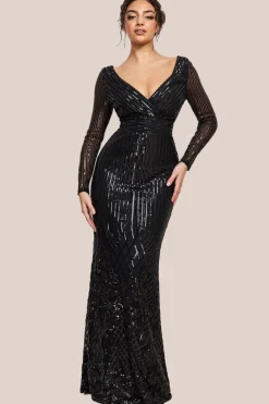 Long Sleeve Sequin V Wrap Maxi Dress - Black by Goddiva