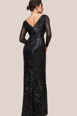Long Sleeve Sequin V Wrap Maxi Dress - Black by Goddiva