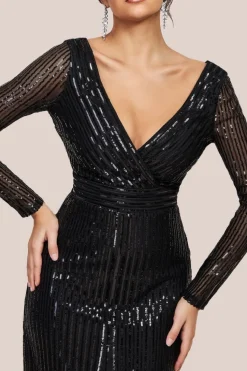 Long Sleeve Sequin V Wrap Maxi Dress - Black by Goddiva