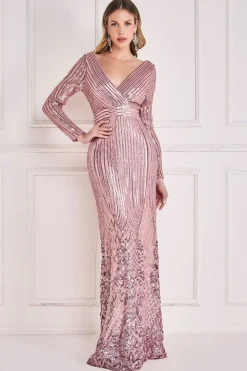 Long Sleeve Sequin V Wrap Maxi Dress - Blush by Goddiva