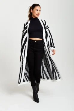 Longline Cardigan In Black And White Zebra Pattern by Liquorish