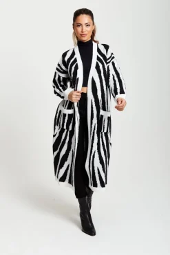 Longline Cardigan In Black And White Zebra Pattern by Liquorish