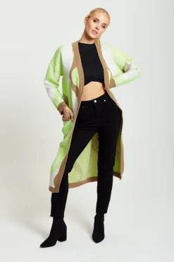 Longline Cardigan In Brown, Green And White by Liquorish