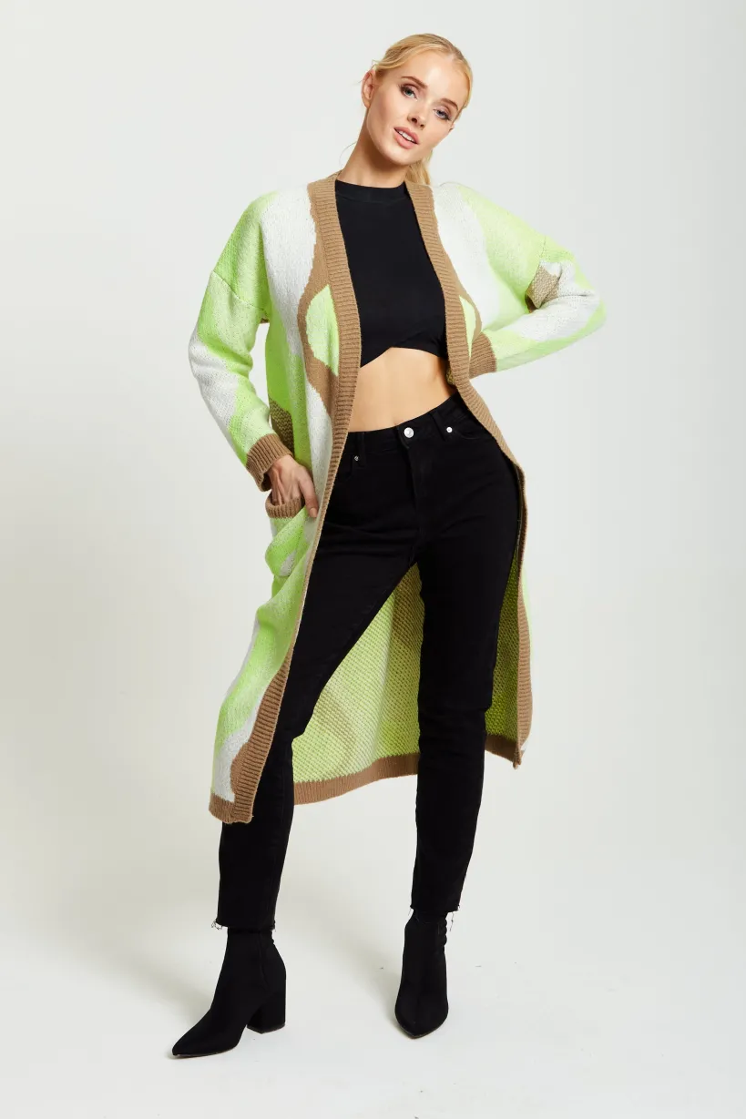 Longline Cardigan In Brown, Green And White by Liquorish