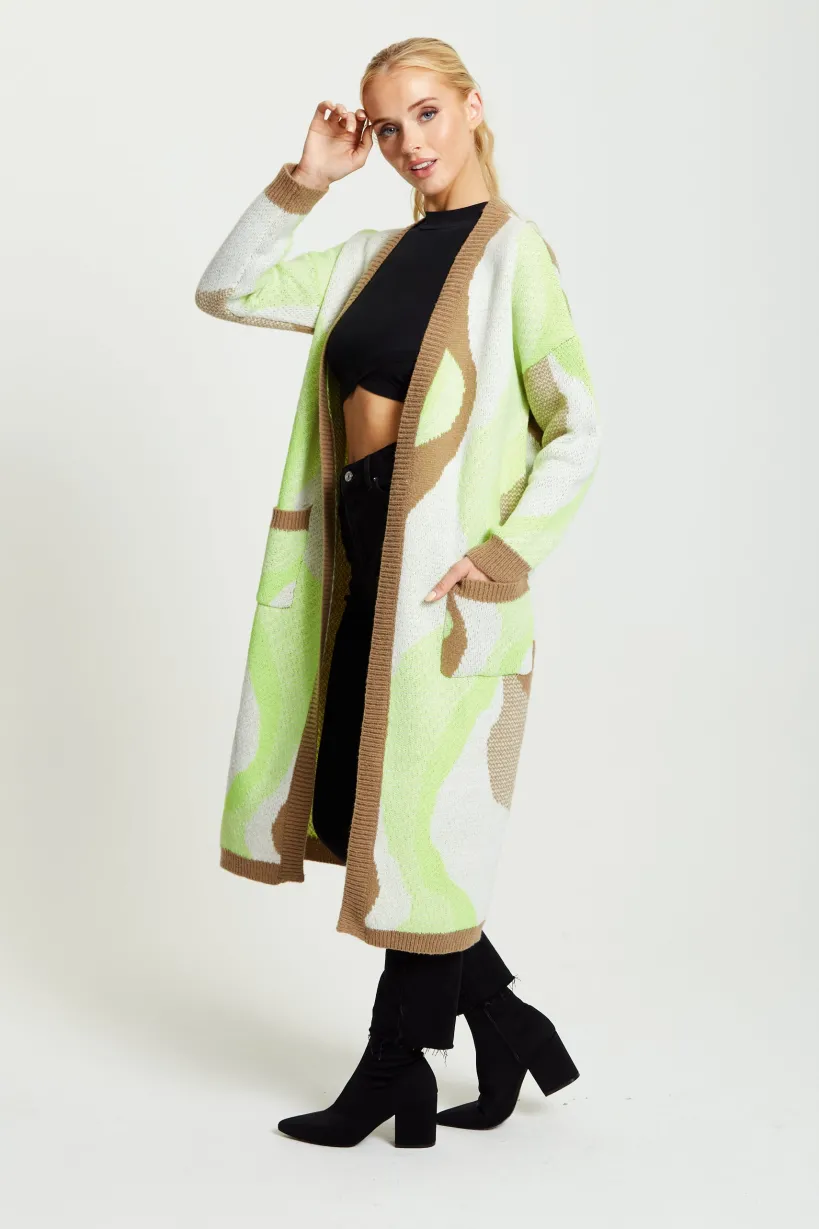 Longline Cardigan In Brown, Green And White by Liquorish