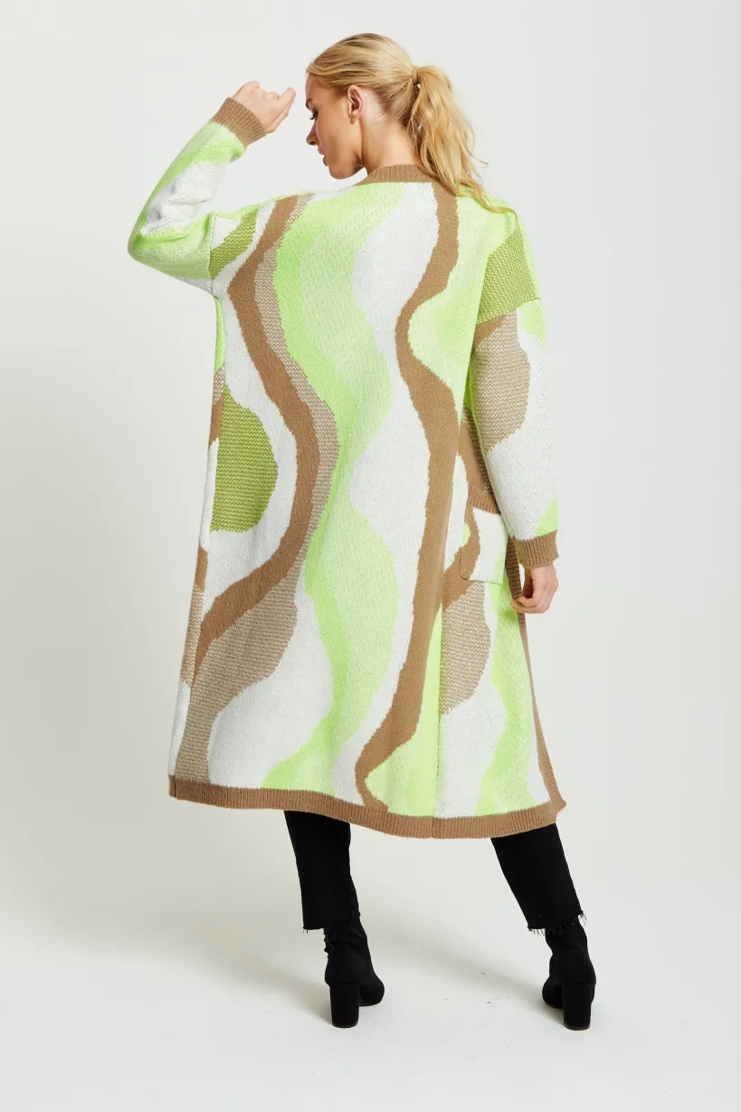 Longline Cardigan In Brown, Green And White by Liquorish