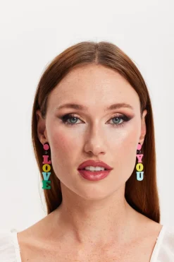 Love You Drop Style Earrings In Multi Colour by Liquorish