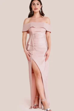 Lurex Bardot Maxi With Waterfall Ruffle - Blush by Goddiva