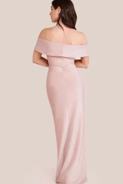 Lurex Bardot Maxi With Waterfall Ruffle - Blush by Goddiva