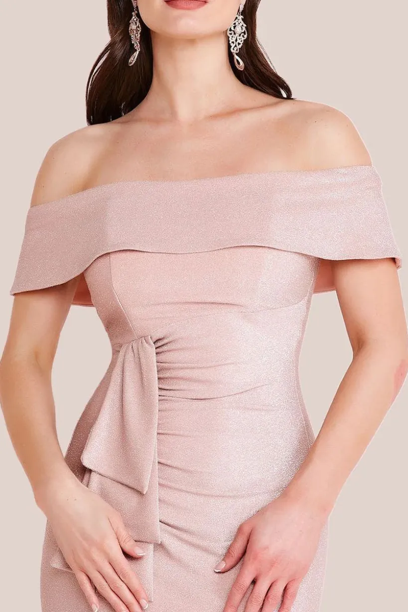 Lurex Bardot Maxi With Waterfall Ruffle - Blush by Goddiva