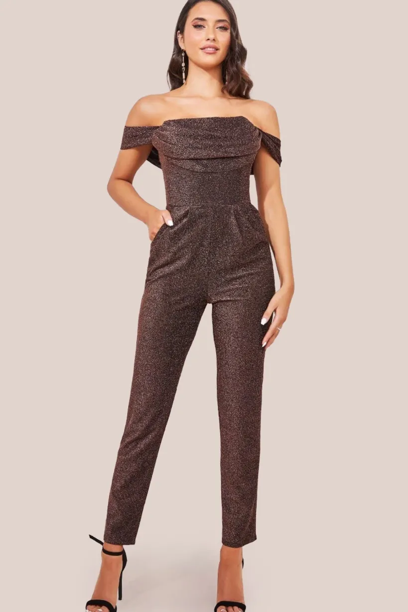 Lurex Cowl Neck Jumpsuit - Bronze by Goddiva