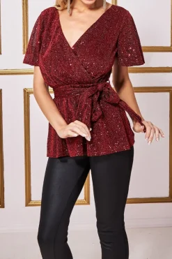 Lurex Flutter Sleeve Wrap Top - Wine by Goddiva