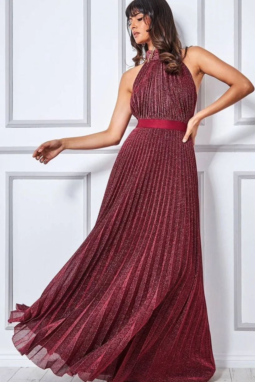 Lurex Halterneck Pleated Maxi Dress - Wine by Goddiva