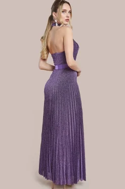 Lurex Halterneck Pleated Maxi Dress - Purple by Goddiva