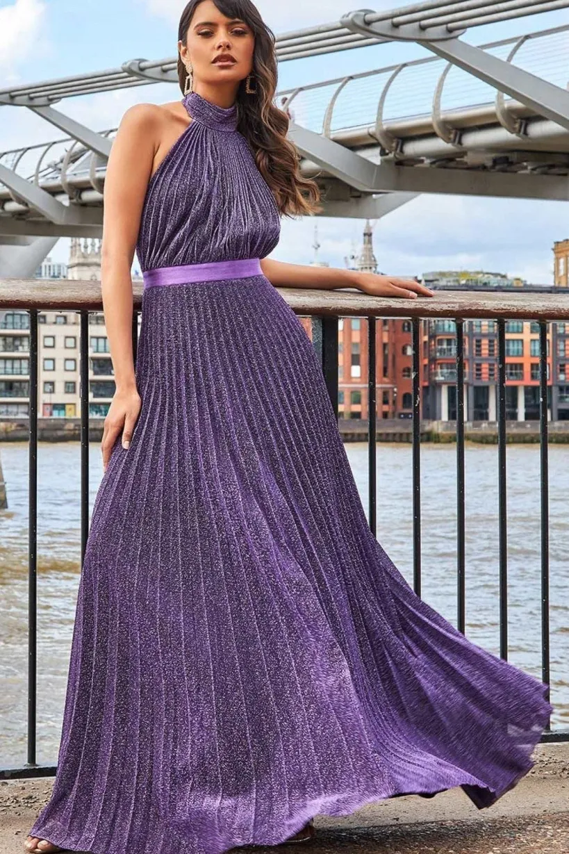 Lurex Halterneck Pleated Maxi Dress - Purple by Goddiva