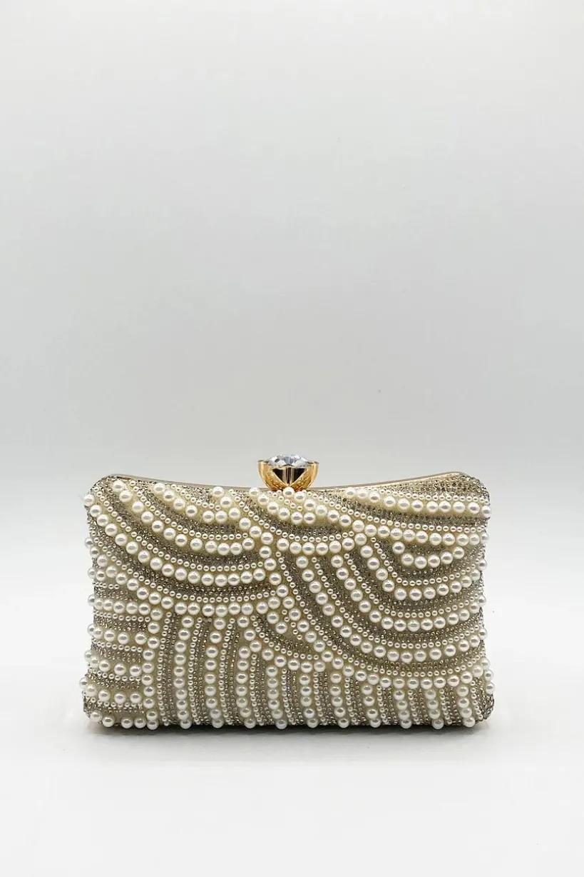 Luxurious Gold Pearl Embellished Clutch Bag by SVNX