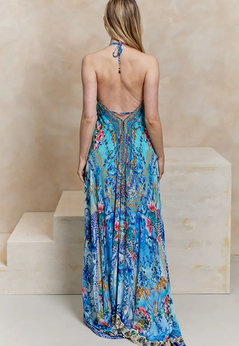 Luxurious Viscose Crepe Maxi Beach Dress In Premium Tropical Blue Print by Angeleye