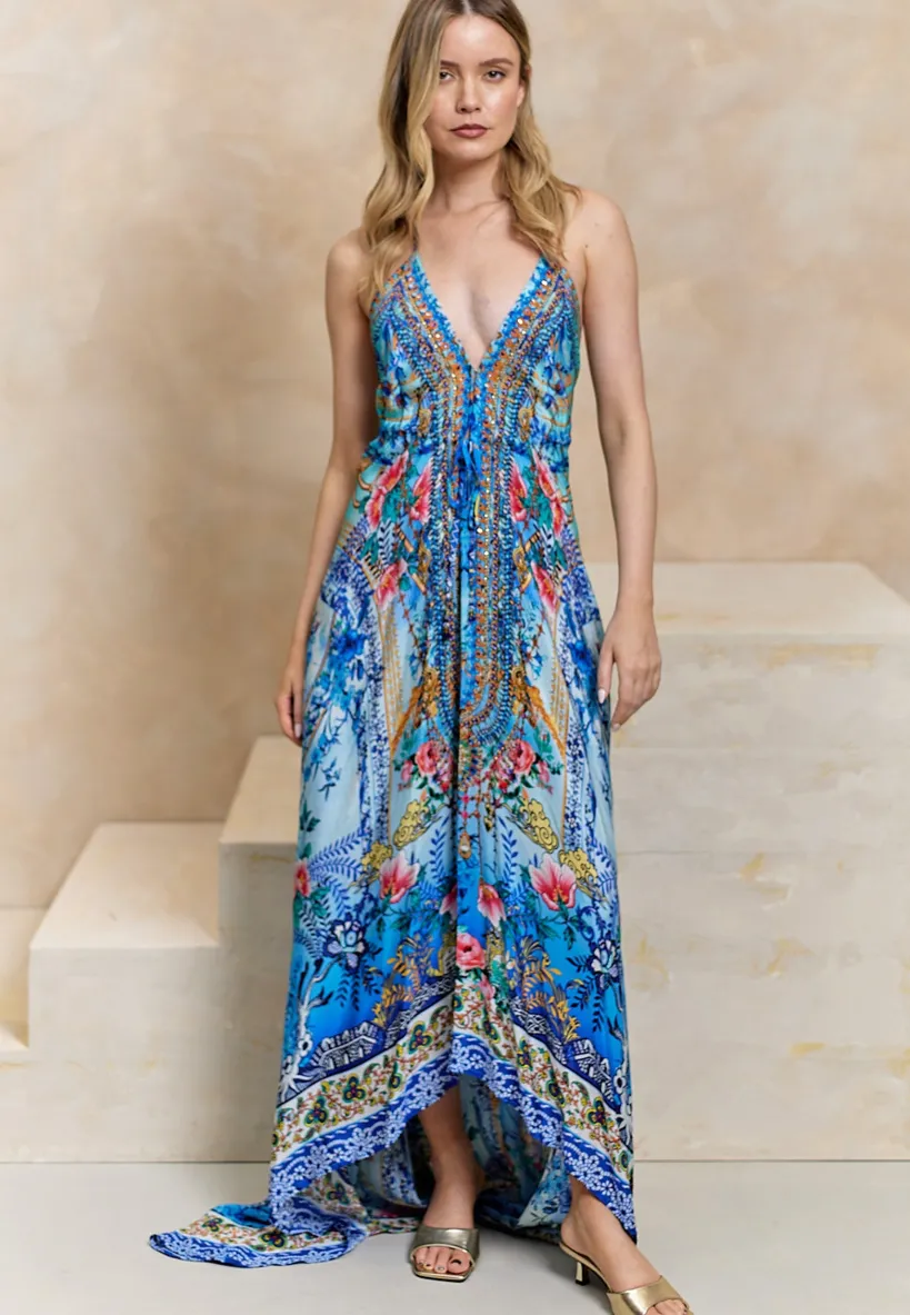 Luxurious Viscose Crepe Maxi Beach Dress In Premium Tropical Blue Print by Angeleye