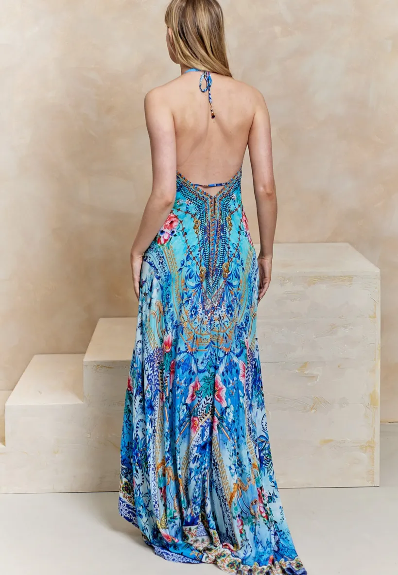 Luxurious Viscose Crepe Maxi Beach Dress In Premium Tropical Blue Print by Angeleye