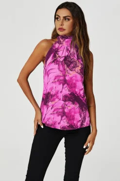 Marble Print Halter Neck Tie Back Top In Fuchsia Pink by FS Collection