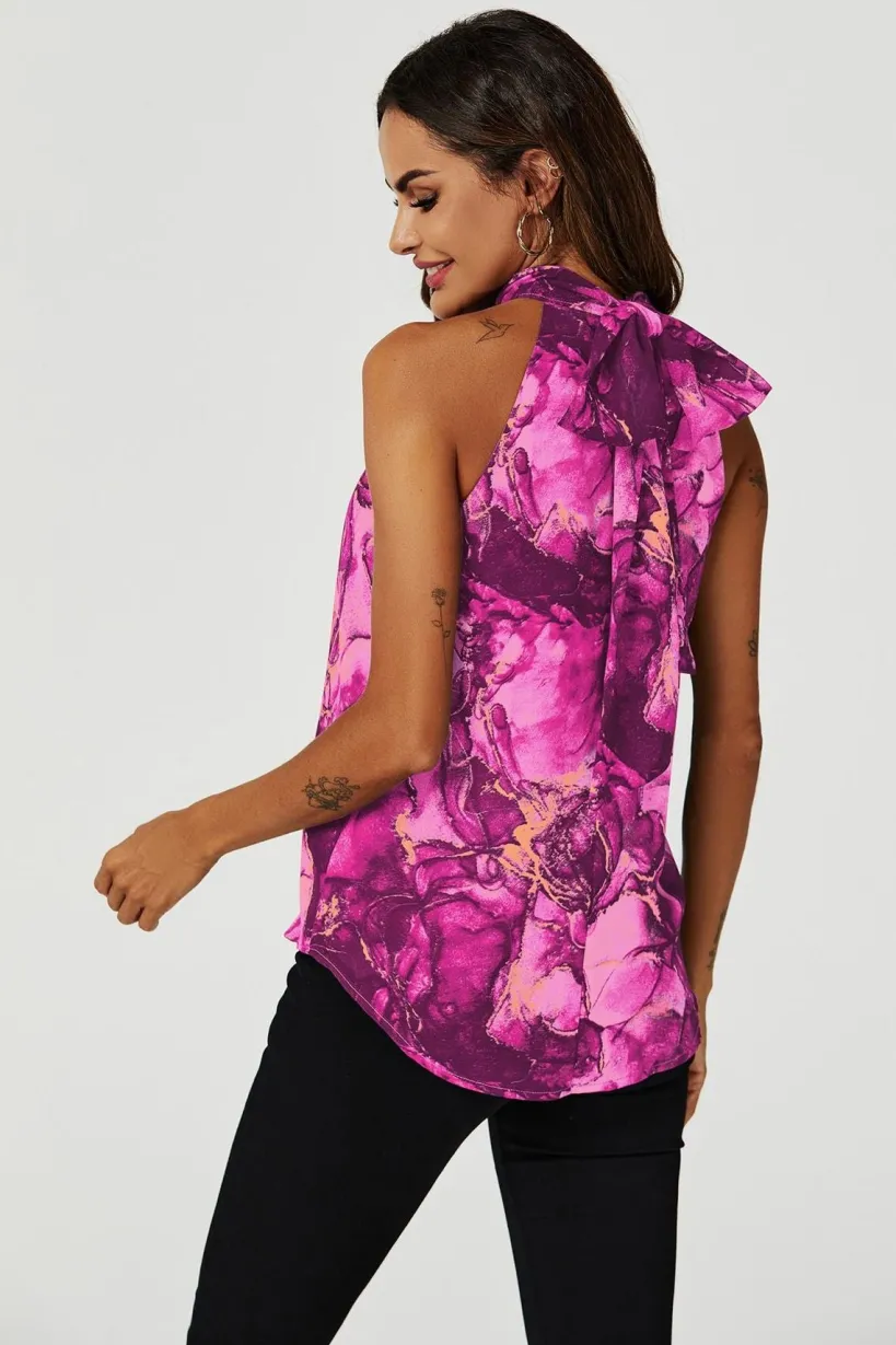 Marble Print Halter Neck Tie Back Top In Fuchsia Pink by FS Collection
