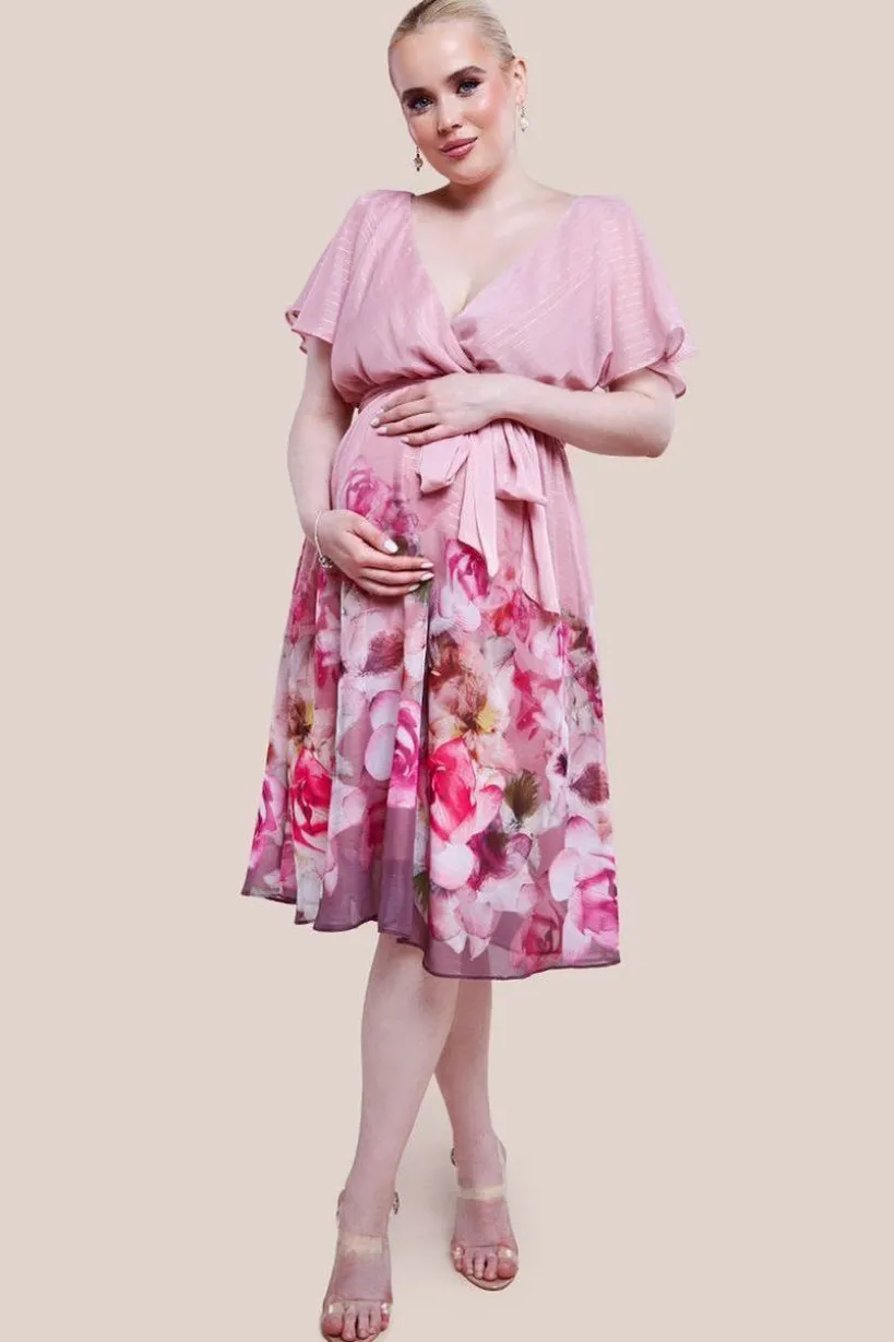 Maternity Chiffon Lurex Floral Border Print Midi Dress - Blush by Goddiva